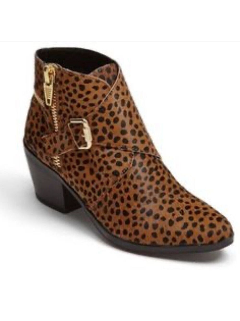 Dolce Vita Calf Hair Mob Wife Leopard Print Buckle Zip Block Heel Booties Boots